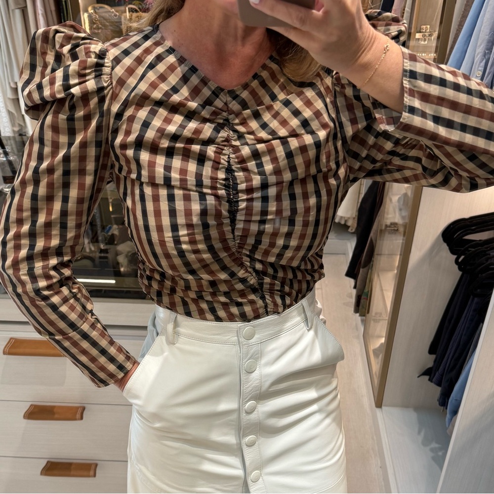Zara Multicolor Checkered Puff Sleeve Blouse with White Skirt